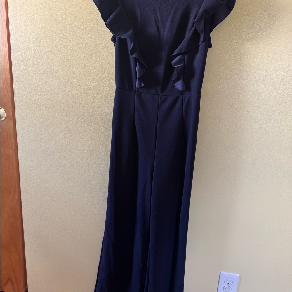 SHEIN Navy Ruffle-Sleeve Wide-Leg Jumpsuit